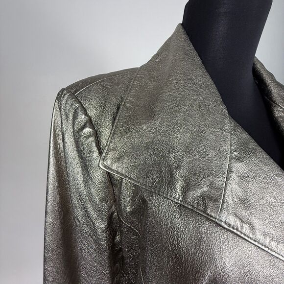 Vintage 80s 90s Spiegel Metallic Silver Cropped Double Breasted Leather Jacket - Picture 5 of 13